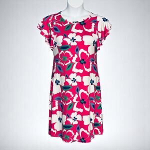 Lexington Avenue Sz Medium Ruffle Short Sleeve Dress Pink Floral Knee Length NEW